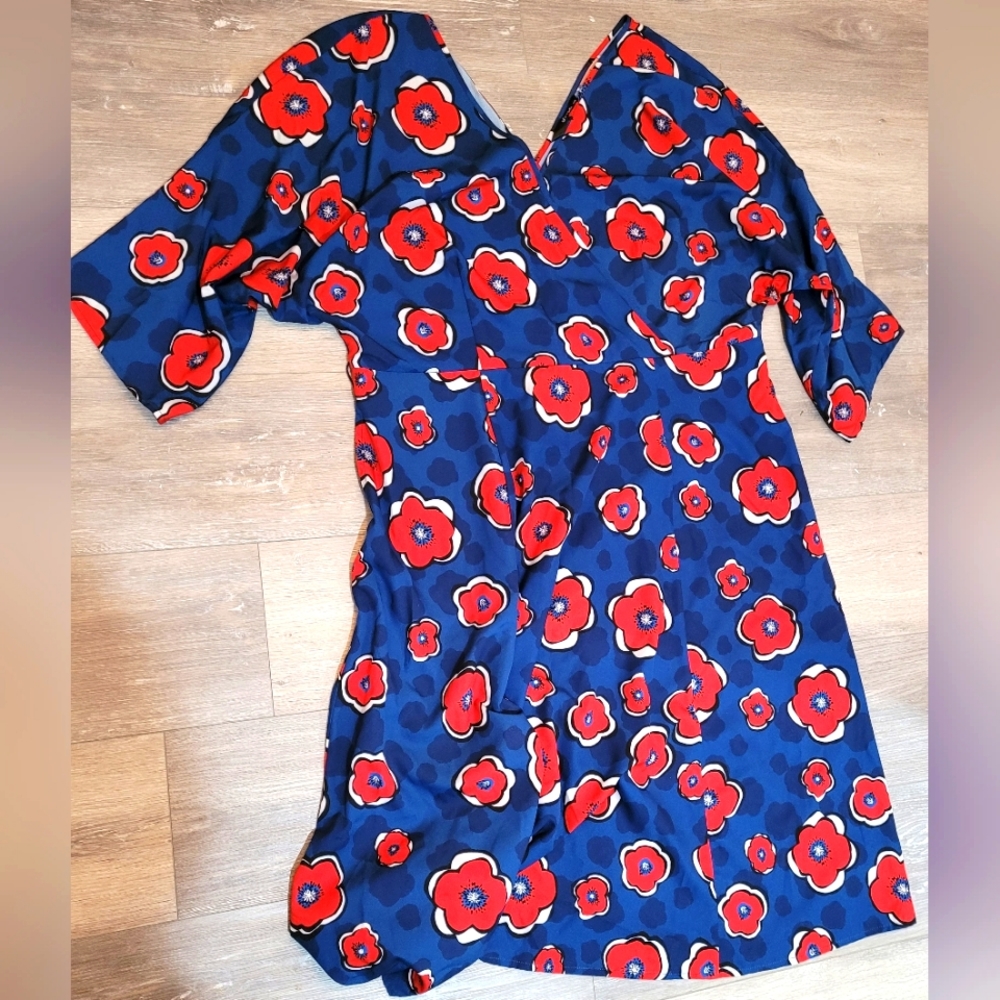 eShakti Floral Print Crepe Surplice Midi Dress Size 16